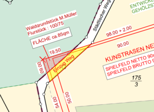 blau=betroffener Weg/rot=skizzierter Wegabschnitt mit Wald bestanden